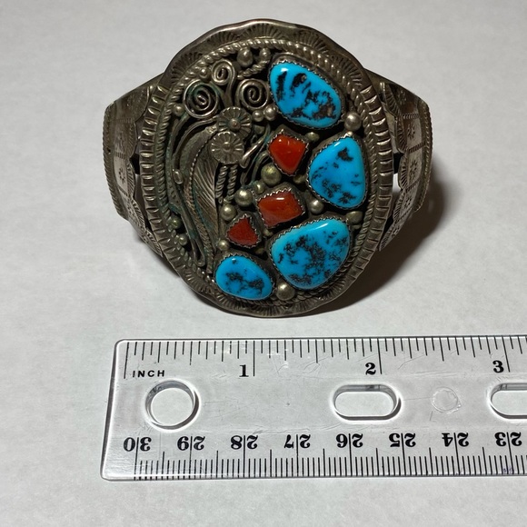 Vintage Native American Turquoise Coral Sterling Silver Cuff Bracelet - Picture 11 of 16